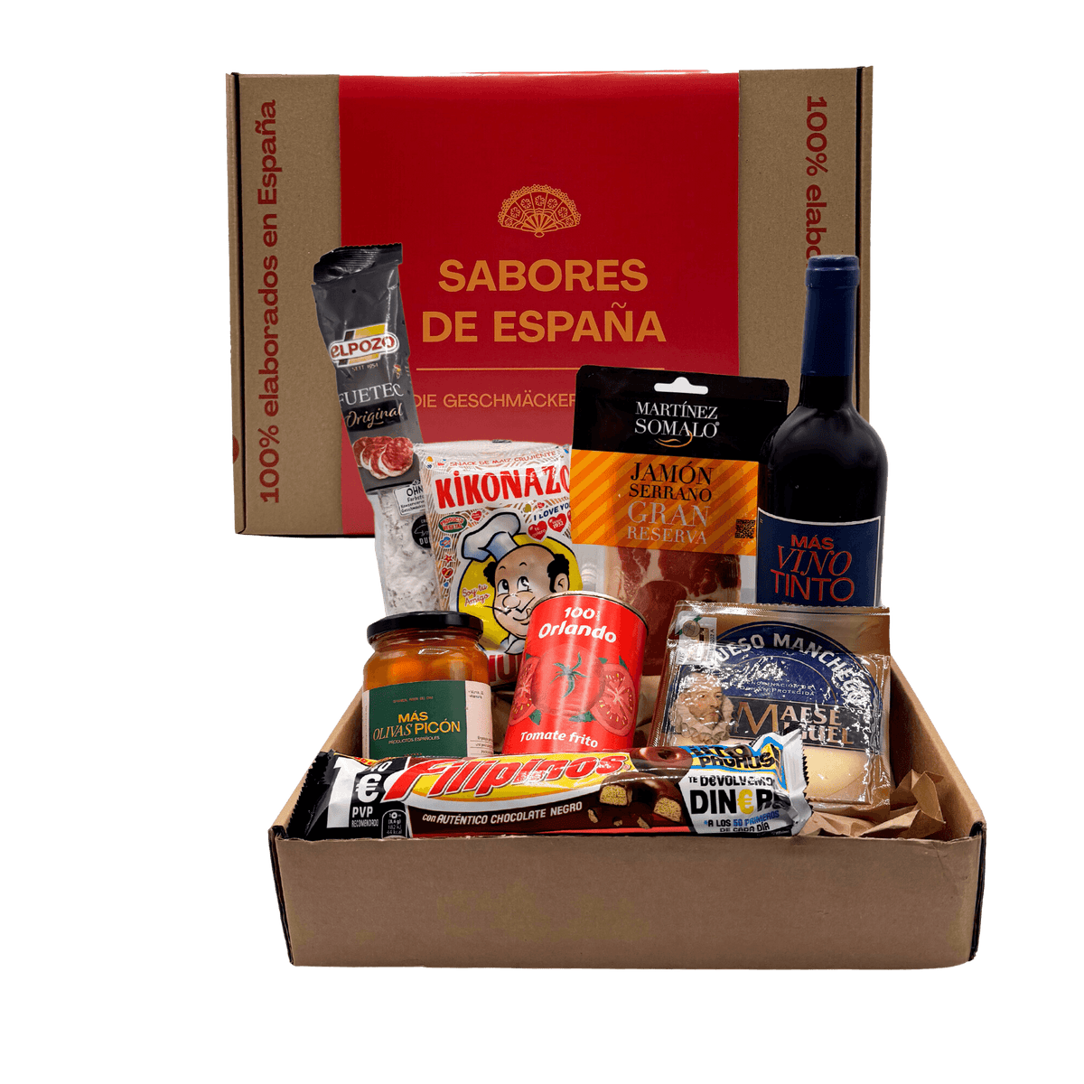Sabores de España Box – Eine sorgfältig ausgewählte Sammlung der besten und typischsten spanischen Produkte. Perfekt zum Verschenken oder zum Genießen zu Hause. Bringe authentische spanische Aromen auf deinen Tisch